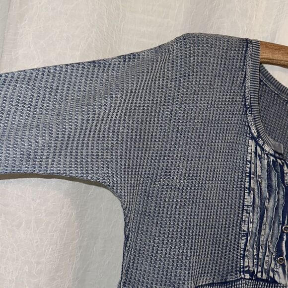 fp XS One Jolene Waffle Knit Stone Washed Blue Tiered Long Sleeve Dress - Picture 9 of 16